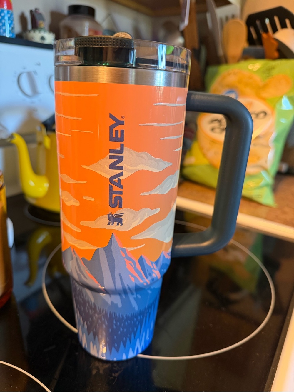 Stanley Orange and Blue Mountain Mug with Black Handle